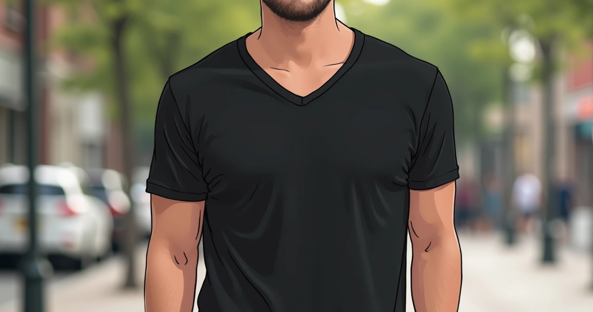 Homem usando camiseta gola V preta, casual, em ambiente externo 