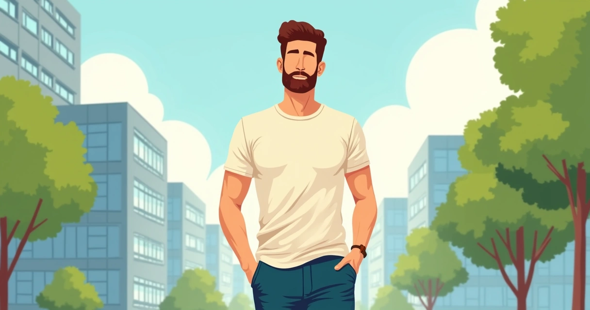 Homem usando camiseta de modal passeando em área urbana