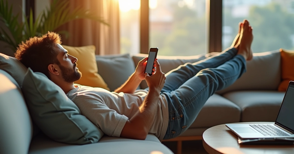 Pessoa deitada no sofá usando smartphone 