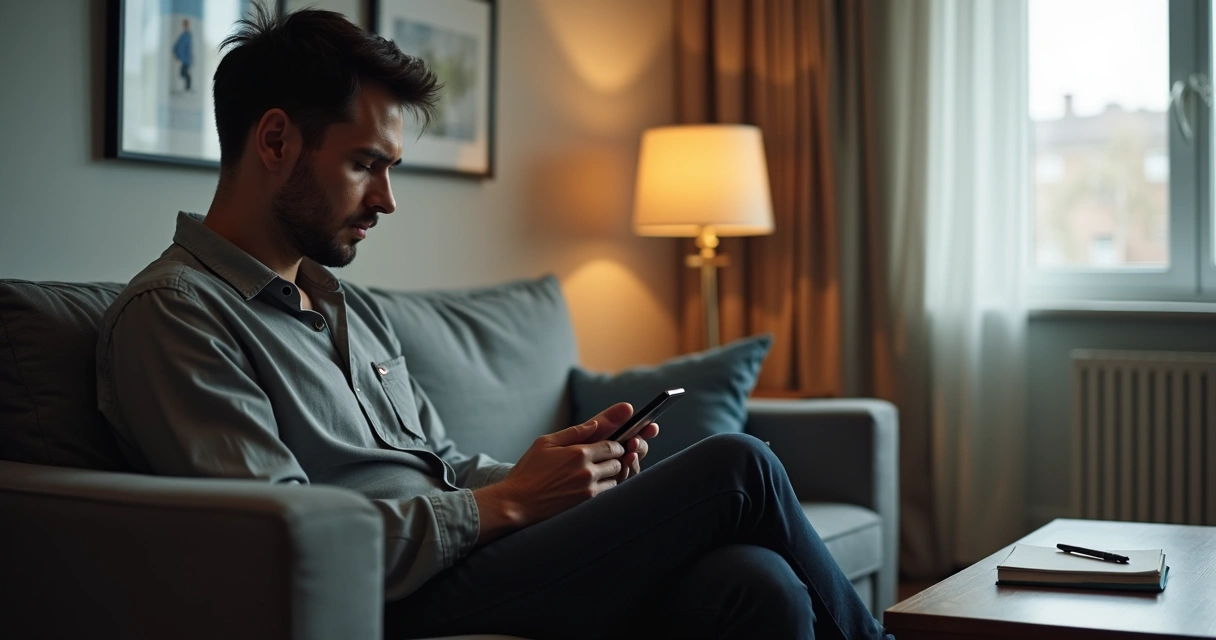 Homem sentado no sofá usando o celular com privacidade 