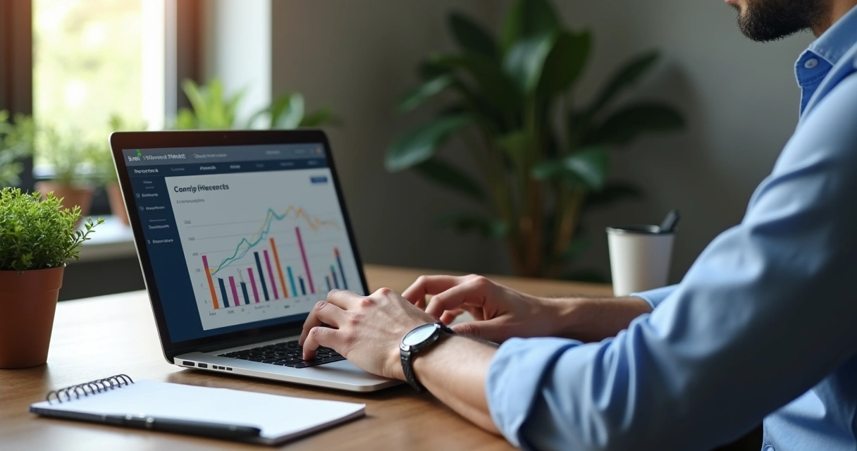 Homem digitando em notebook com gráficos de monetização na tela