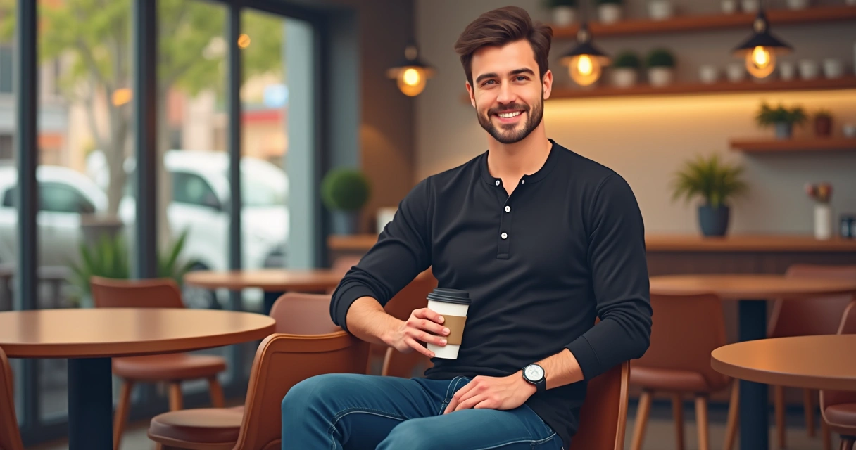 Homem com camiseta Henley preta e calça jeans, em um café.