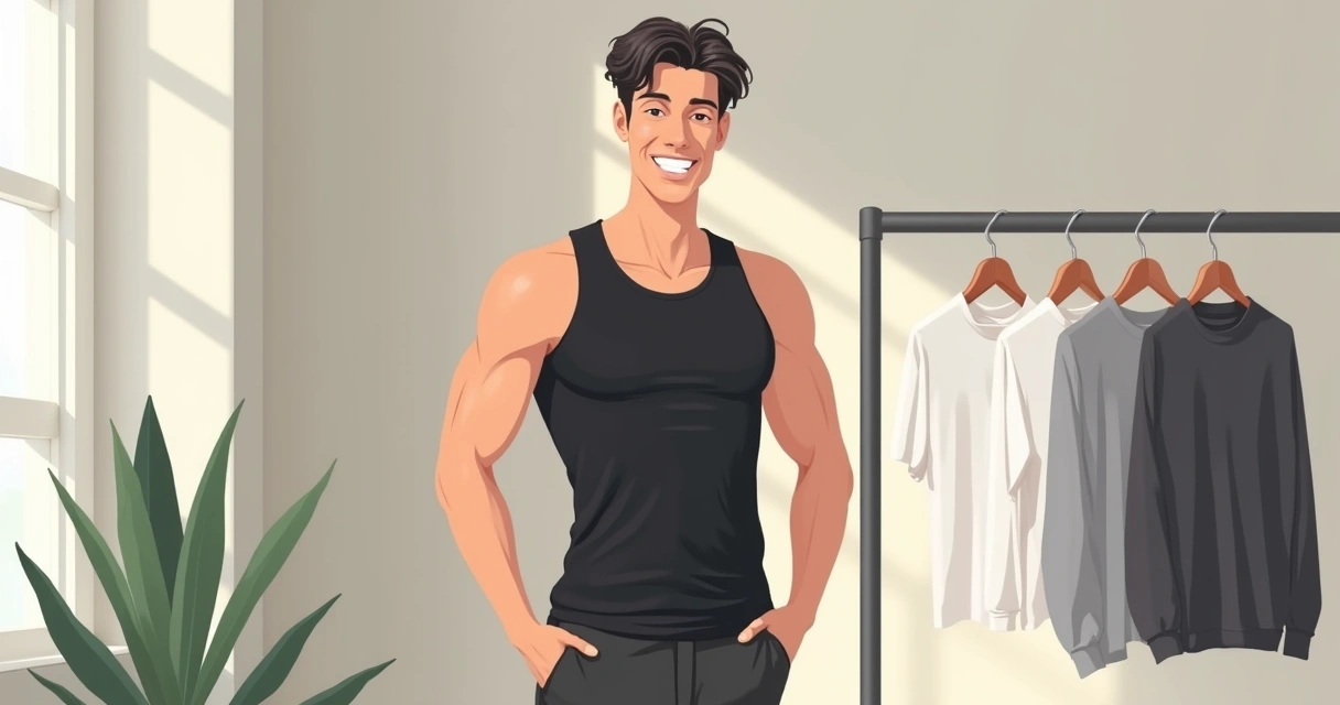 Homem moderno vestindo regata preta de viscolycra, sorrindo