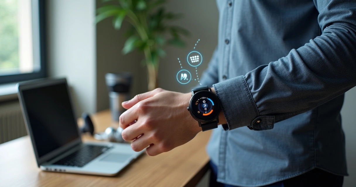 Homem mexendo em smartwatch com fundo de escritório moderno.