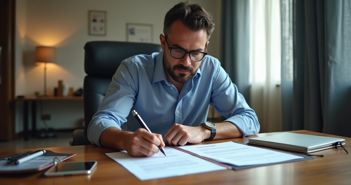 Homem verifica certidão de imóvel em documento impresso na mesa 