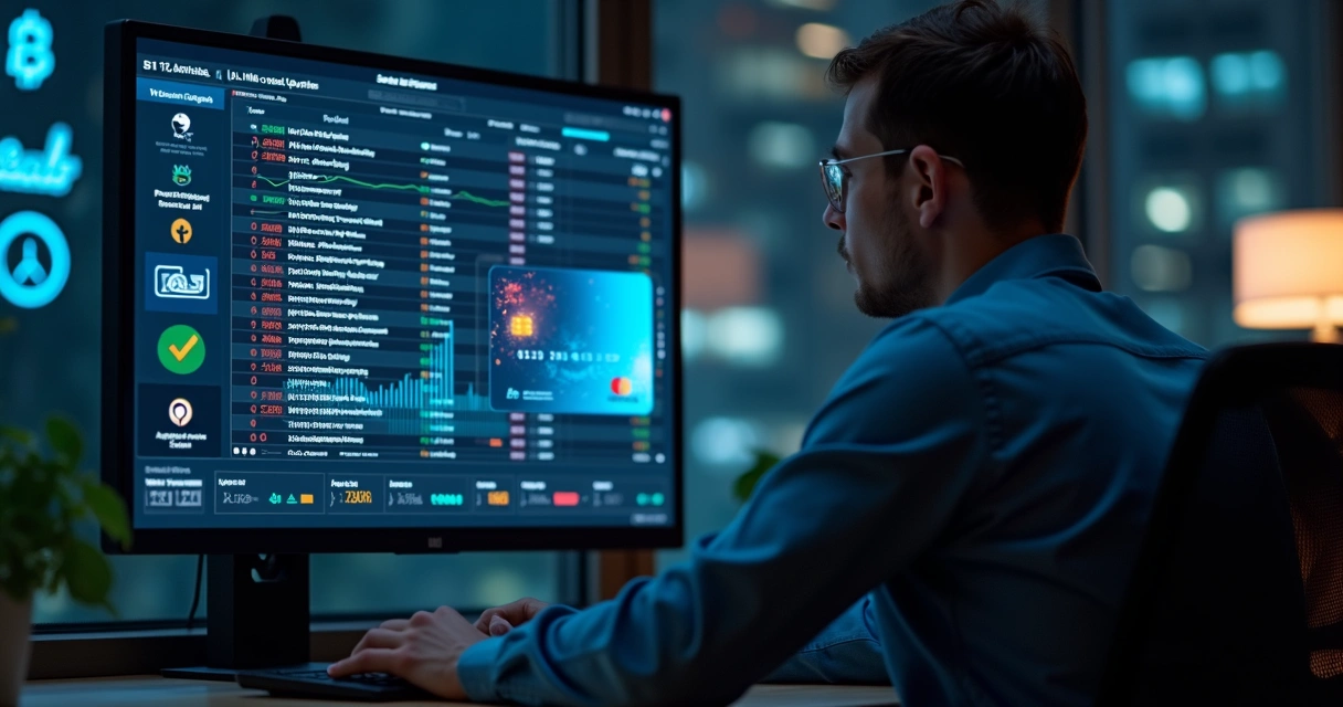 Homem olhando dados de cartão em tela de computador, com gráficos de transações emergindo da tela