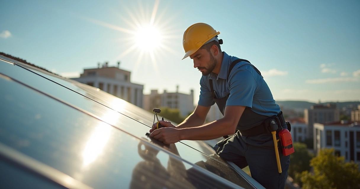Homem conferindo instalação de painel solar no telhado 