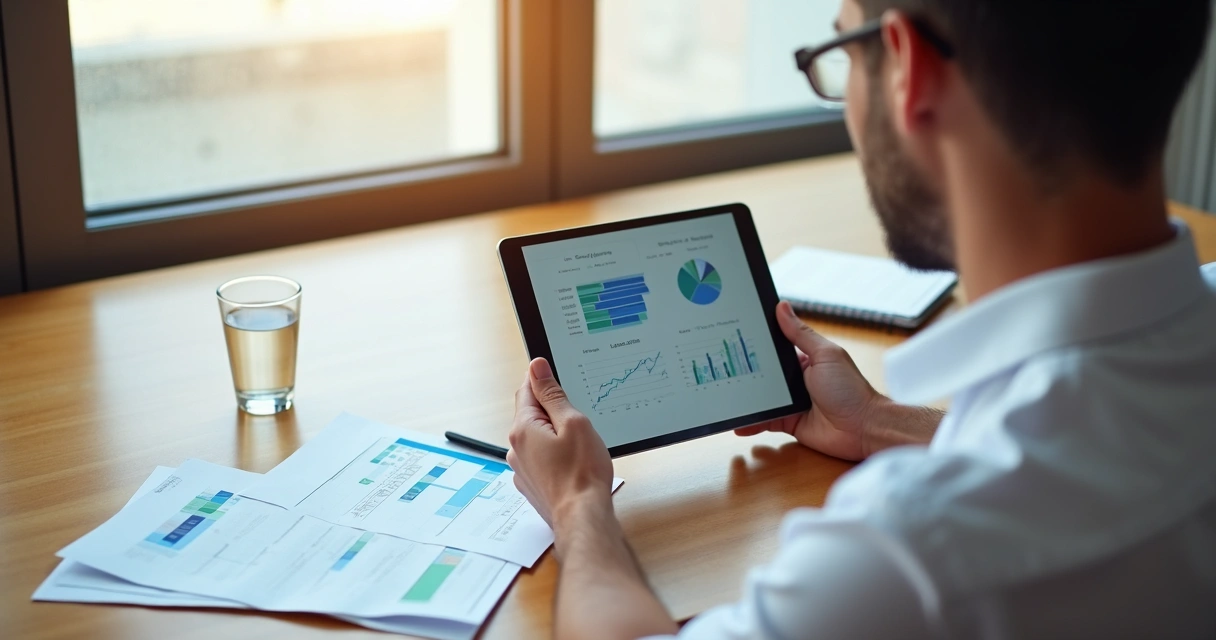 Homem verificando investimentos no tablet sobre mesa de madeira 