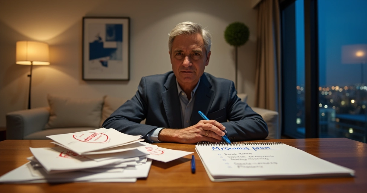 Adulto em sala elegante olhando para duas pilhas de contas vermelhas e um caderno de solução 