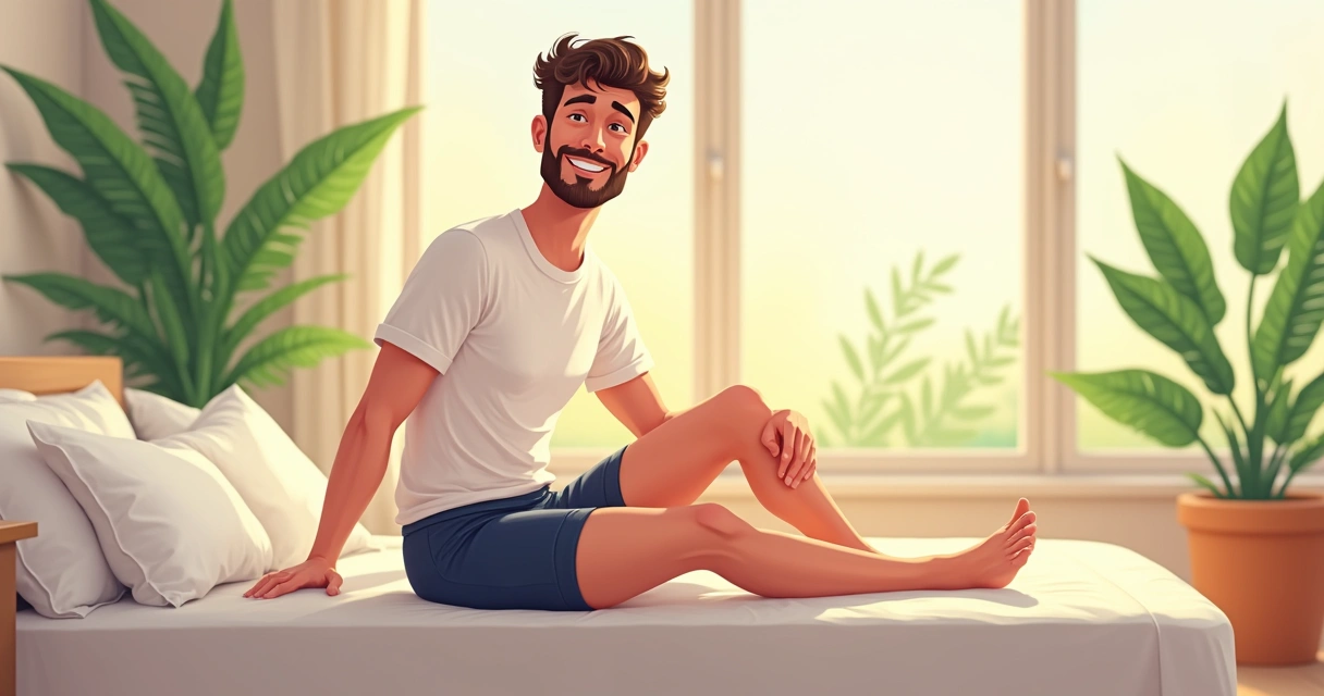 Homem usando cueca boxer e camiseta leve, sorrindo em ambiente iluminado.