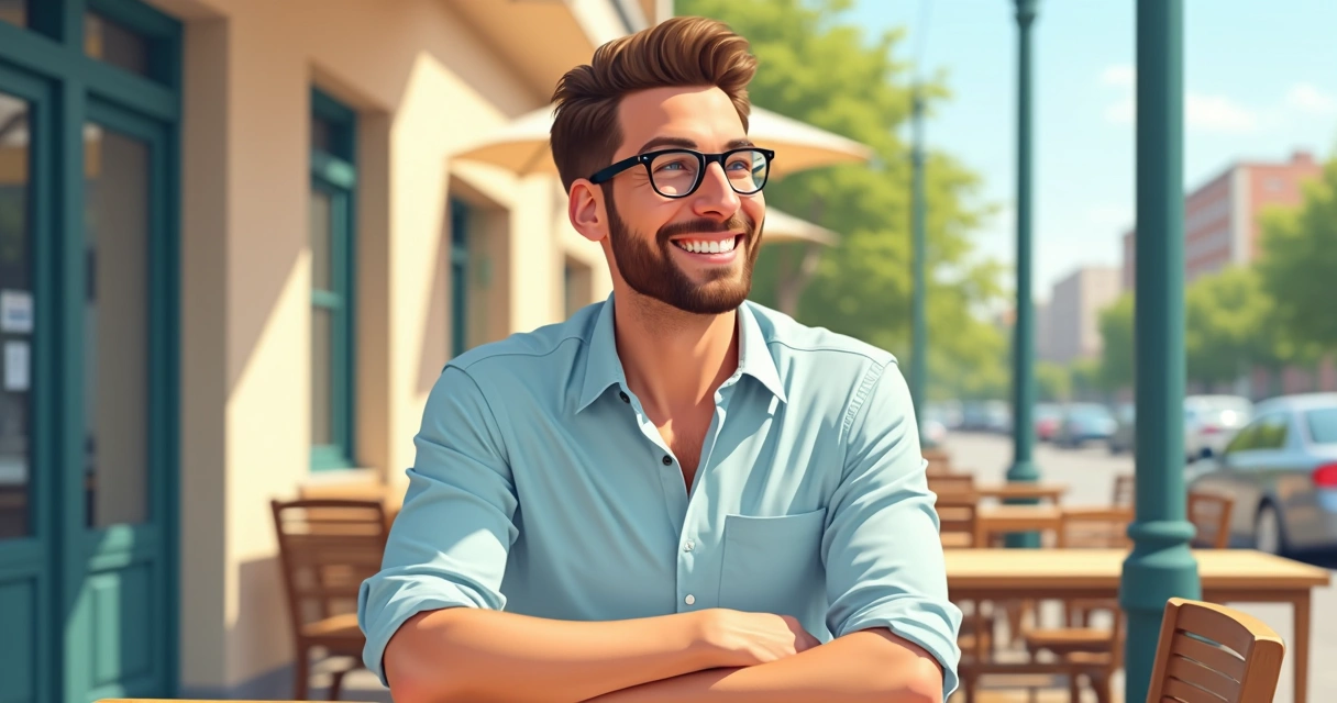 Homem sorridente com camisa masculina leve, sentado em local ensolarado.