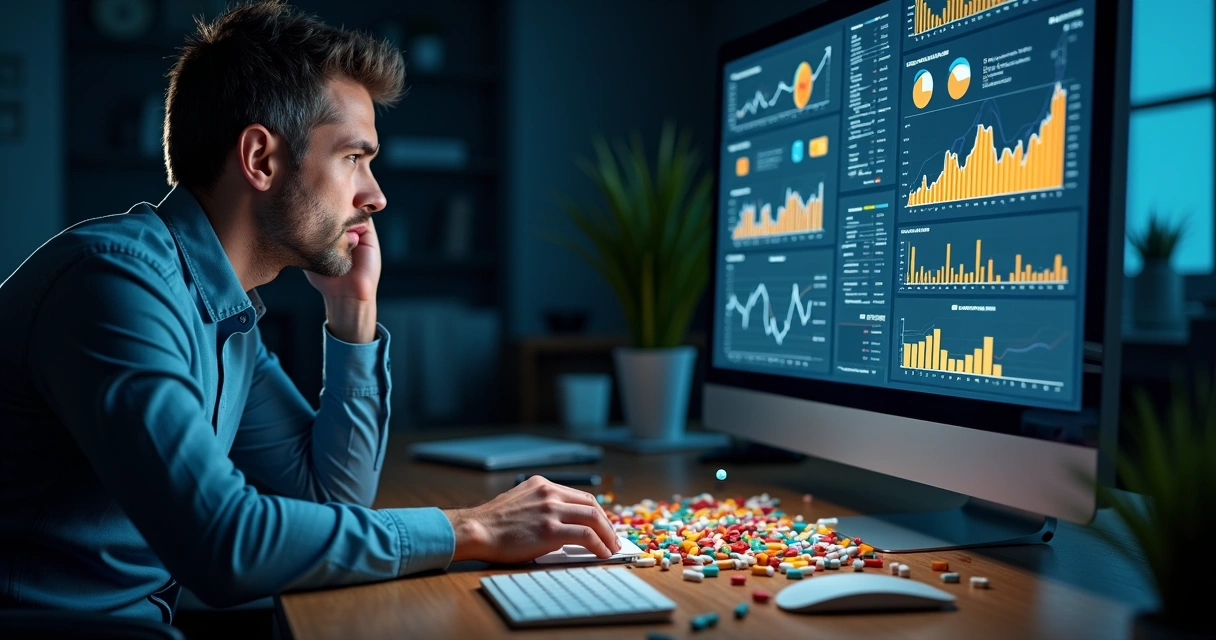 Homem olhando com ansiedade para tela com gráficos de anúncios 