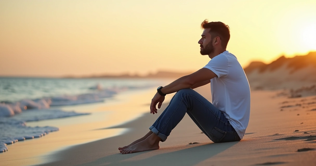 Homem sentado sozinho na praia ao amanhecer refletindo em silêncio 