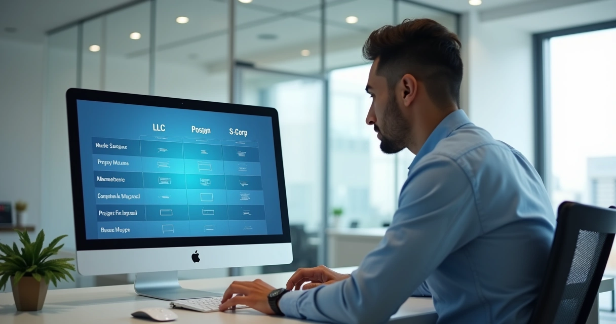 LLC nos EUA: Guia Completo para Brasileiros Empreenderem 1 Homem analisa uma tabela comparando diferentes modelos de empresa na tela do computador.