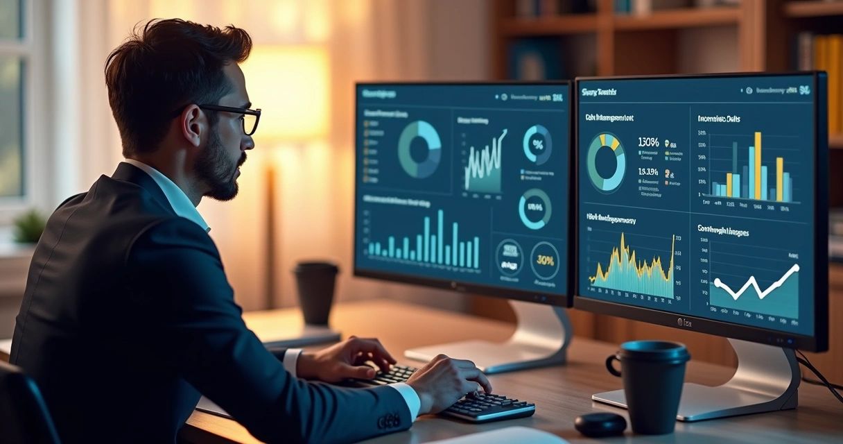 Homem trabalhando no computador com gráficos financeiros em tela digital 
