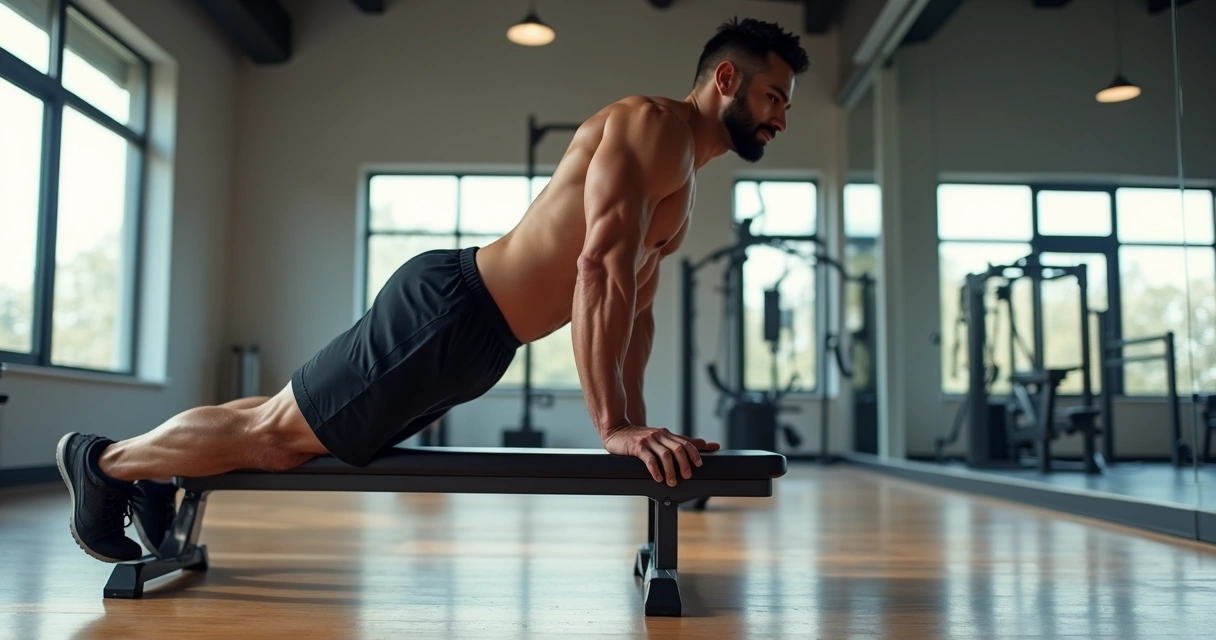 Homem fazendo exercício de tríceps no banco em academia bem iluminada, mostrando técnica correta e postura alinhada 