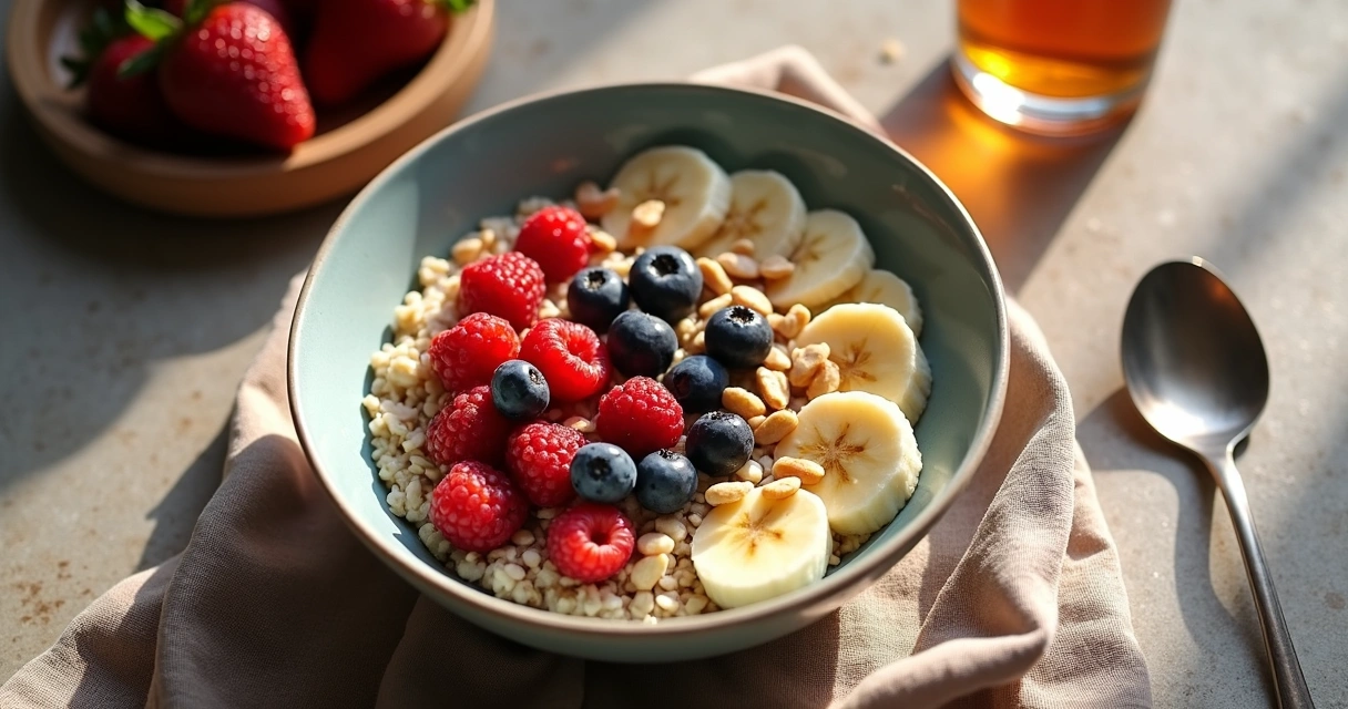 Homemade breakfast with oatmeal, berries, and nuts on table 
