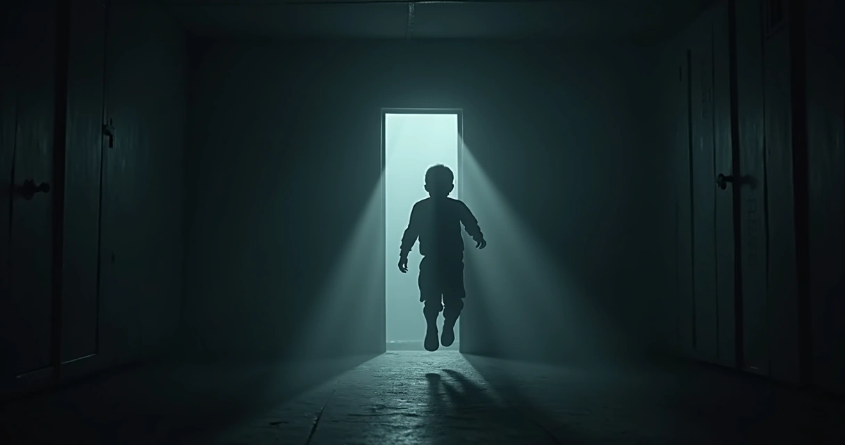 Pessoa em um quarto escuro correndo assustado, formas de IA escondidas nas sombras 