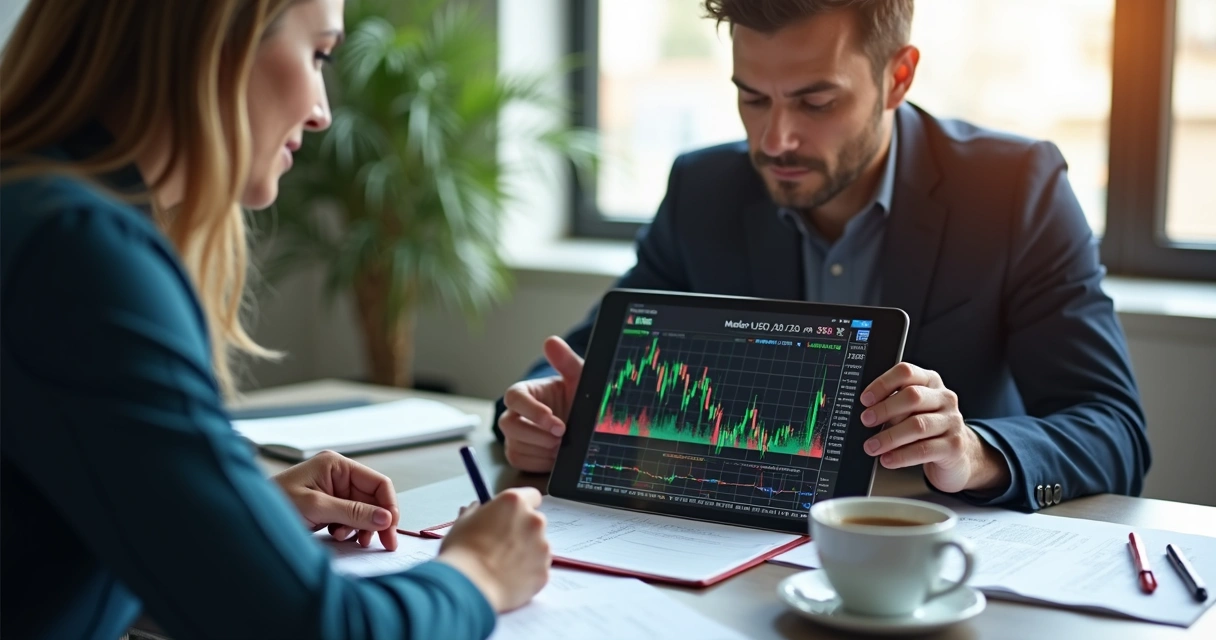 Homem e mulher analisando gráfico do dólar juntos em tablet