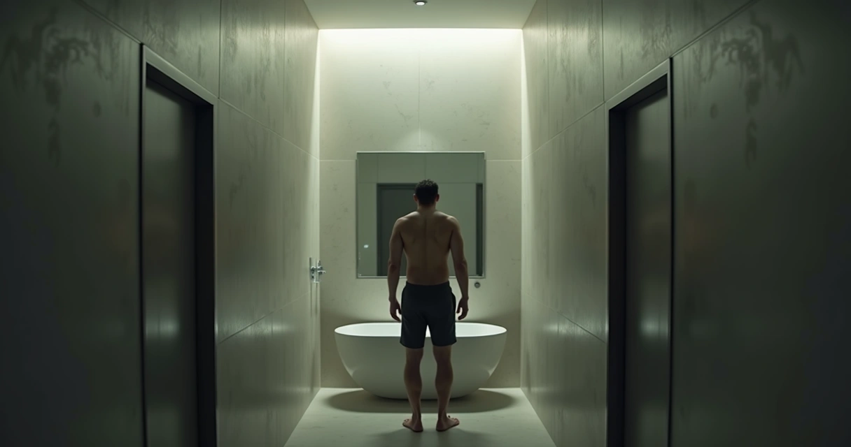Homem olhando para si mesmo no espelho, expressão pensativa
