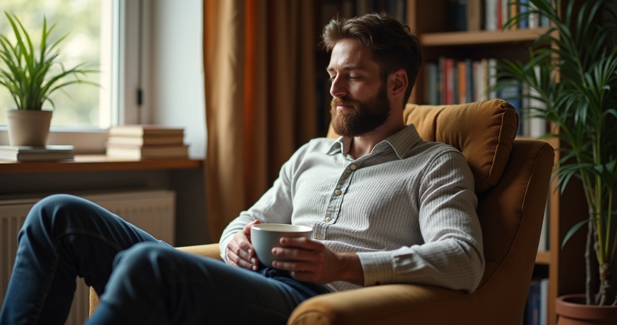 Homem sentado em poltrona confortável segurando uma xícara de chá no colo, ambiente aconchegante 