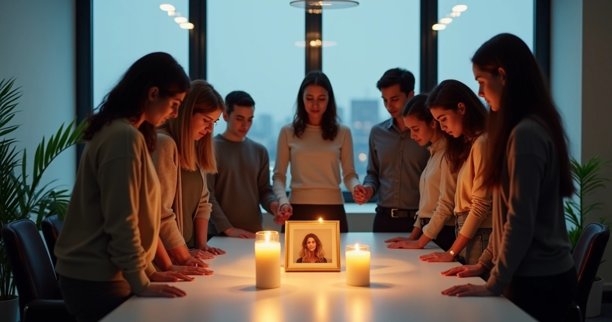 Equipe em pé em volta de uma mesa realizando homenagem silenciosa 
