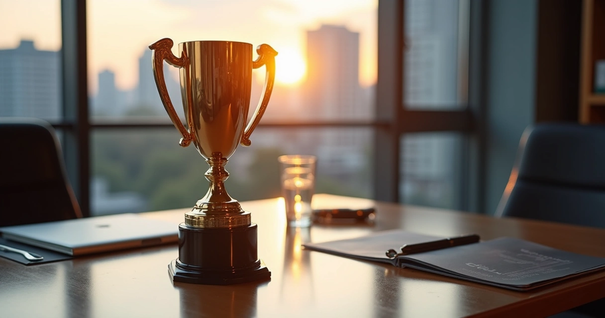 Troféu de homenagem pronta para entrega em mesa de escritório 