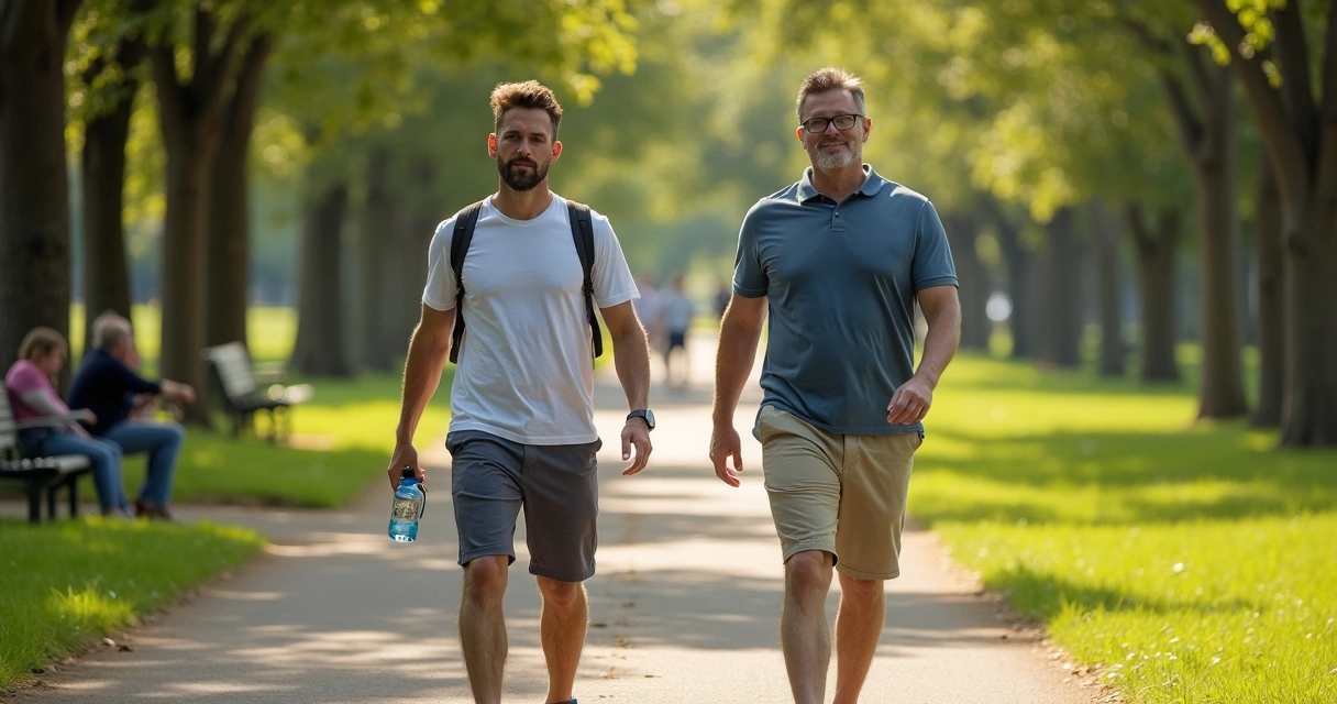 Dois homens adultos caminhando juntos em parque verde