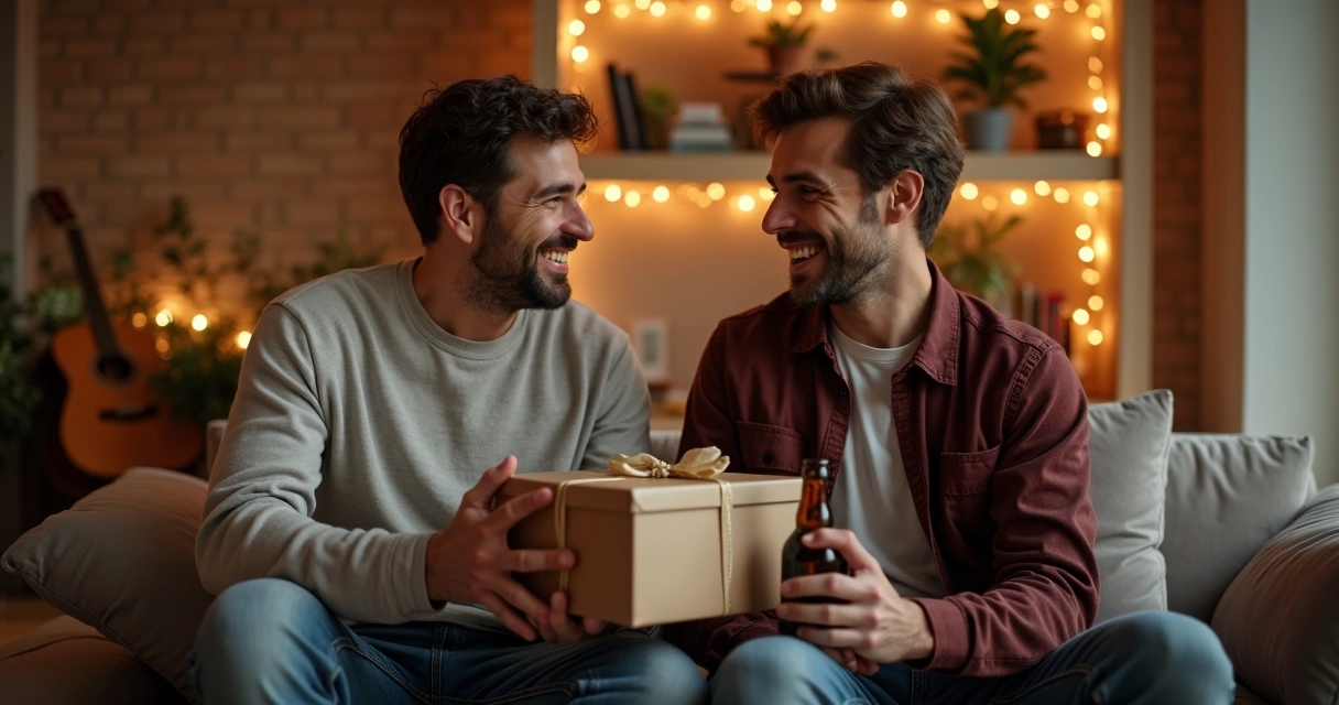 Dois amigos sorrindo e trocando presentes em ambiente descontraído.
