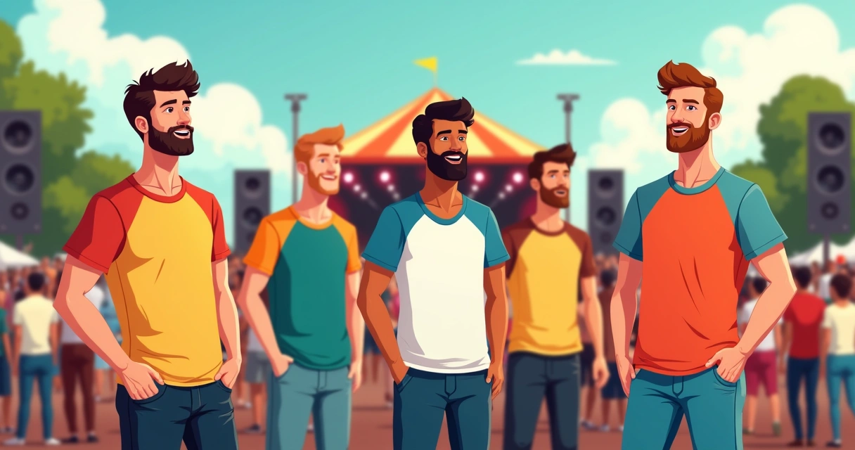 Homens com camisetas coloridas e regatas em festival de música ao ar livre.