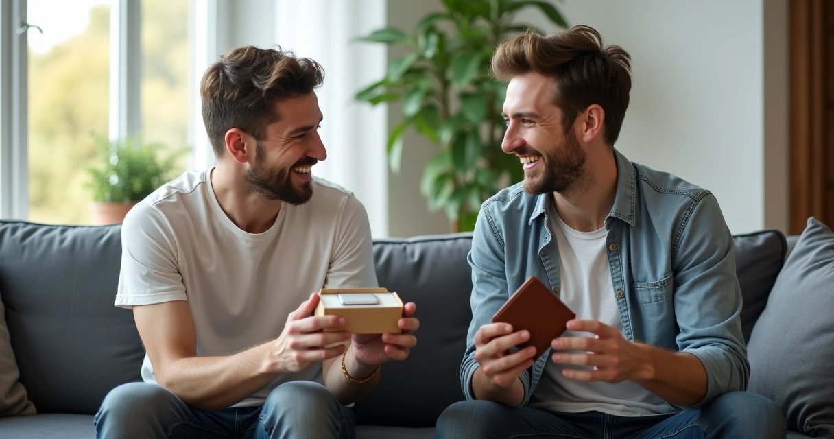Dois homens trocando presentes e rindo sentados em sofá 