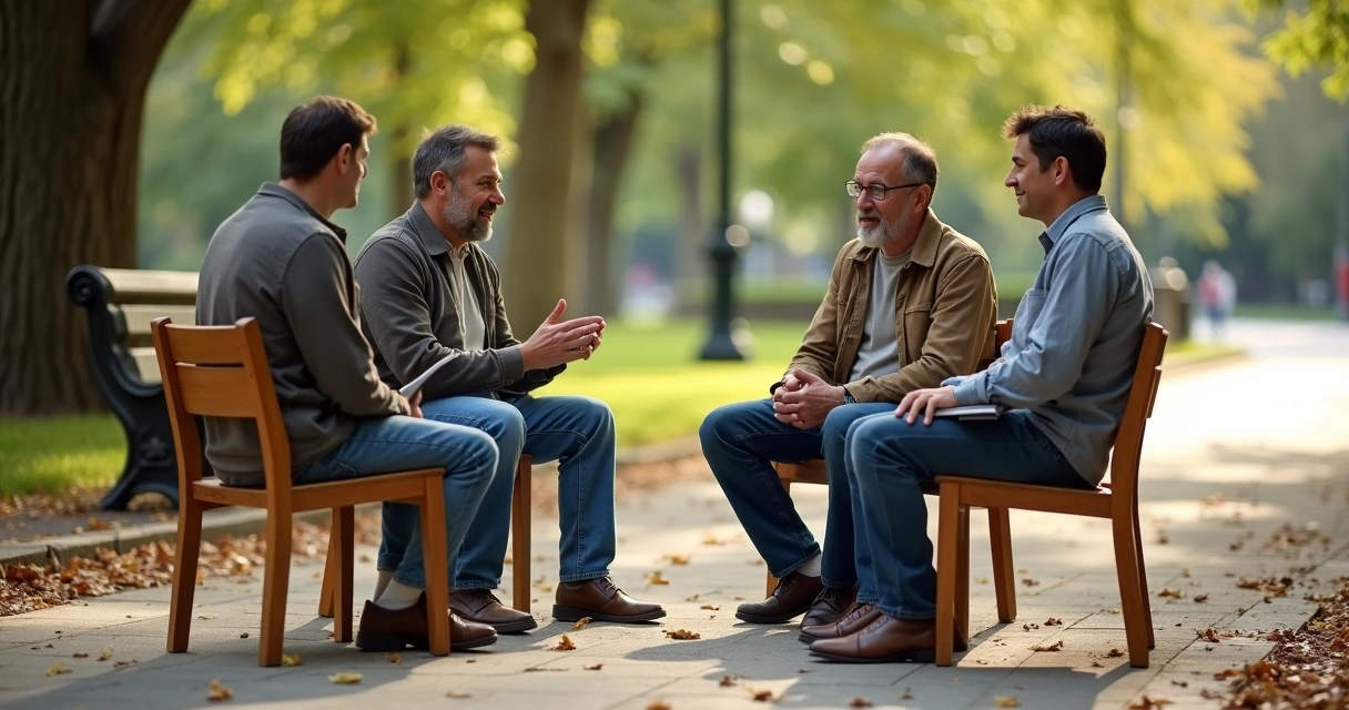Grupo de homens em roda de conversa ao ar livre em momento de apoio emocional 