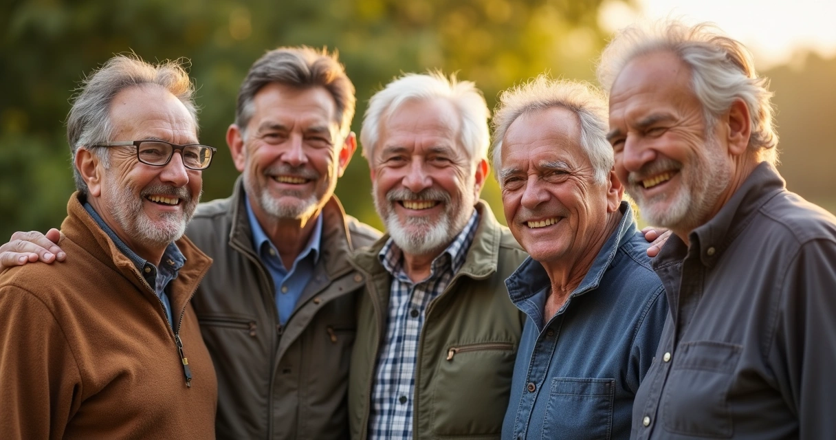 Homens de diferentes idades sorrindo em ambiente natural 