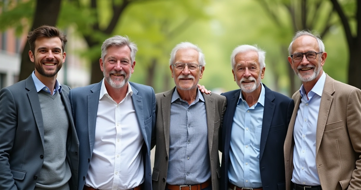 Homens de idades variadas sorrindo juntos 