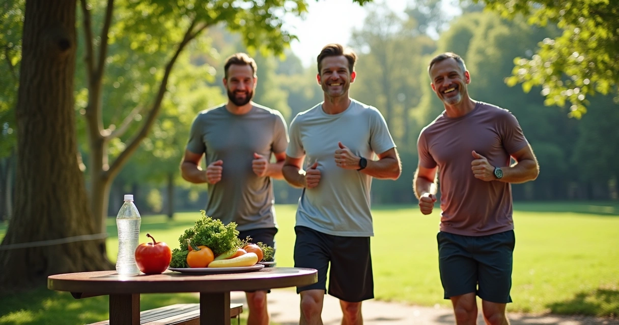 Homens adultos praticam exercícios e consomem alimentos saudáveis 
