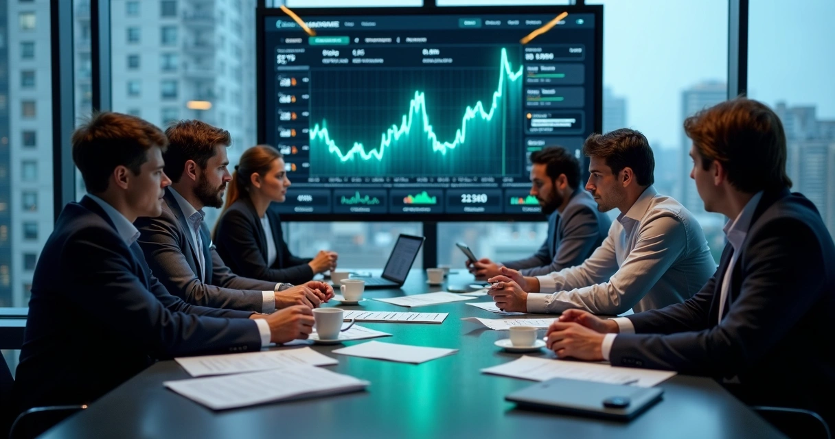 Pessoas em reunião analisando gráficos de criptomoedas 