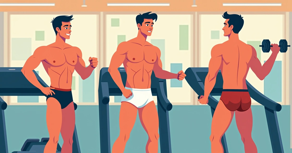 Grupo de homens usando diferentes tipos de cueca performance, em ambiente de academia