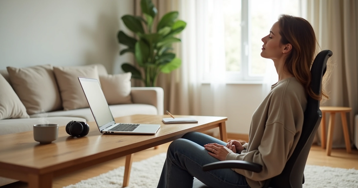 Profissional em home office fazendo pausa consciente de olhos fechados 