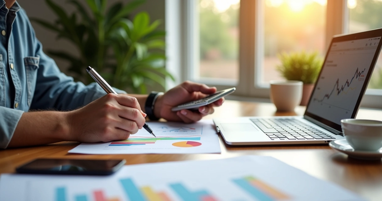 Homeowner reviewing mortgage documents and interest rate charts at a desk 