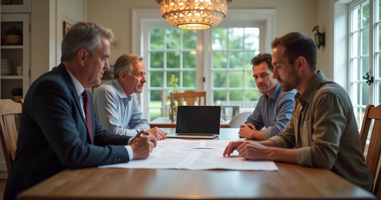 Homeowner discussing exterior project plans with HOA officials at a dining table with documents and laptop 
