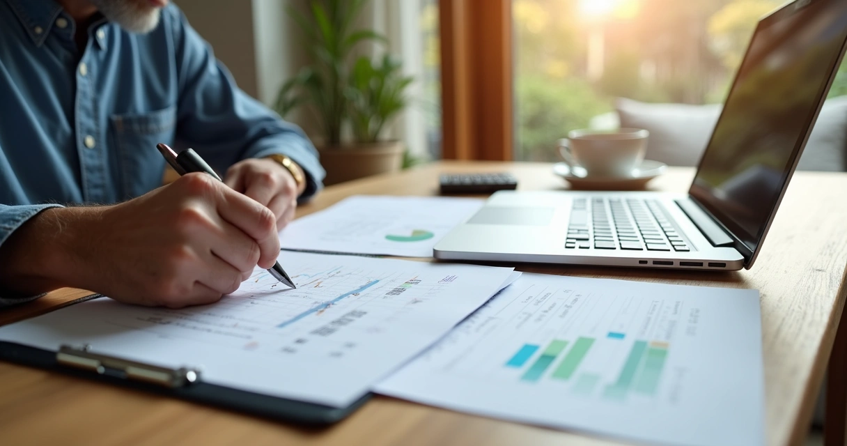 Homeowner reviewing mortgage refinancing documents at a wooden desk with a calculator and laptop 