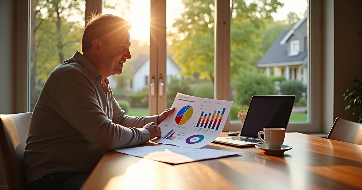 Homeowner reviewing solar panel proposal at kitchen table 