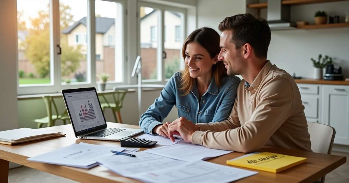 Couple reviewing homeowner tax benefits at kitchen table with forms and laptop 