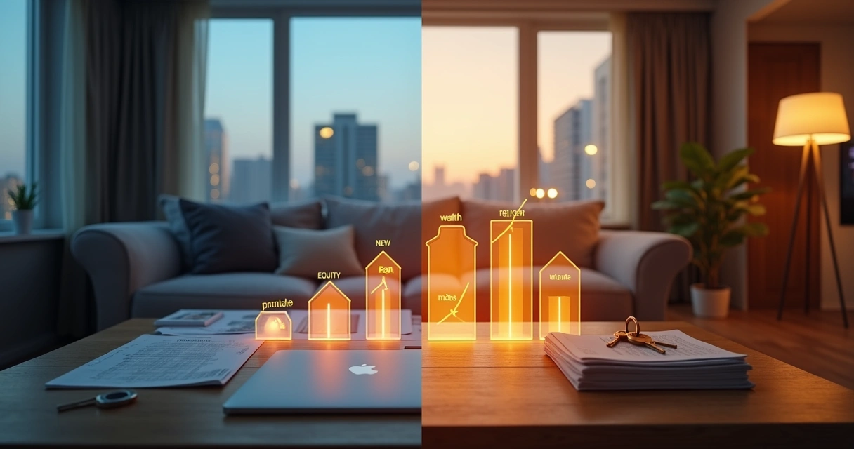 Side by side apartment and house with rising wealth graph in between 