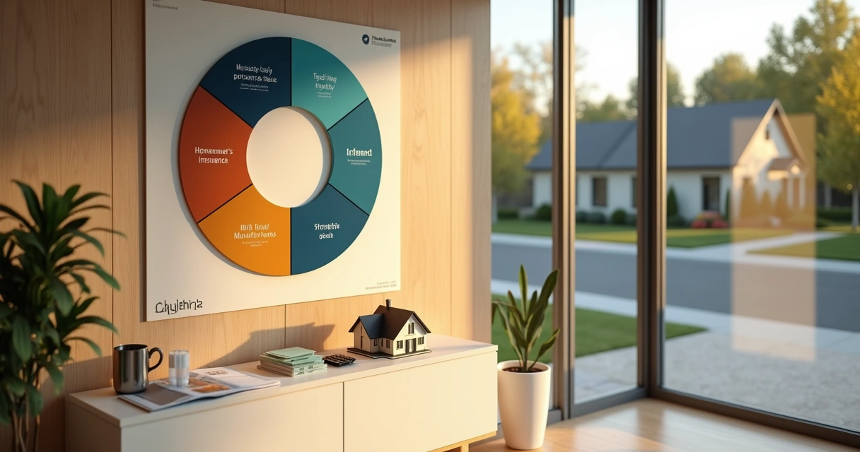 Cost wheel chart on wall with American house and monthly bills 