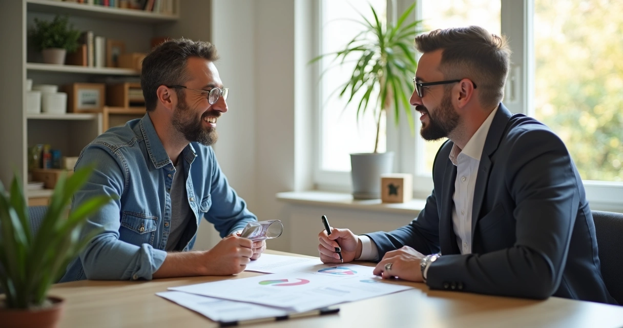 Home buyer meeting with mortgage specialist in bright office 