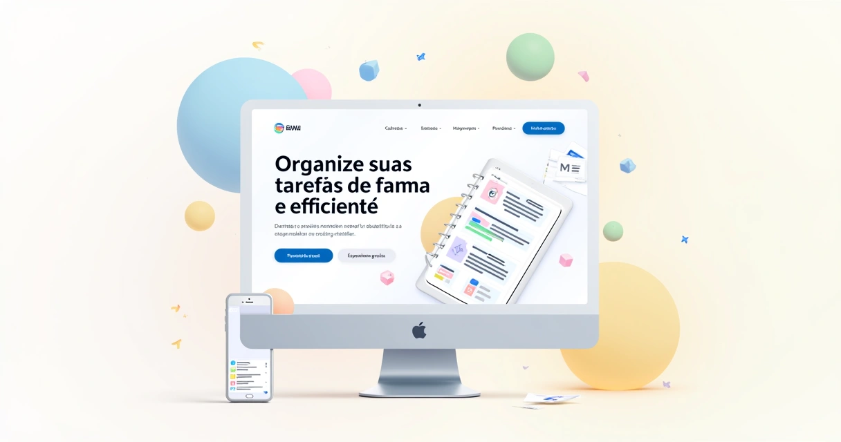 Homepage de um SaaS exibida em um computador, apresentando gerenciamento de tarefas e botões de ação claros.