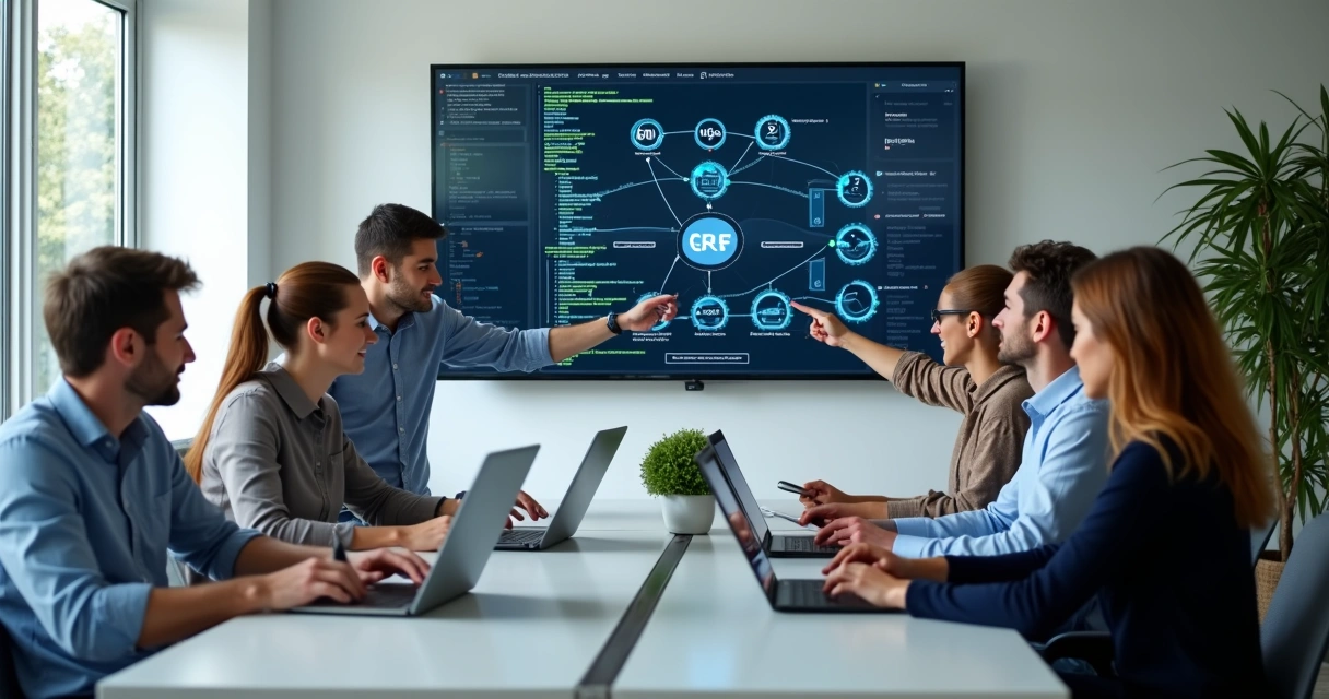 Equipe testando integração de sistemas em notebooks 