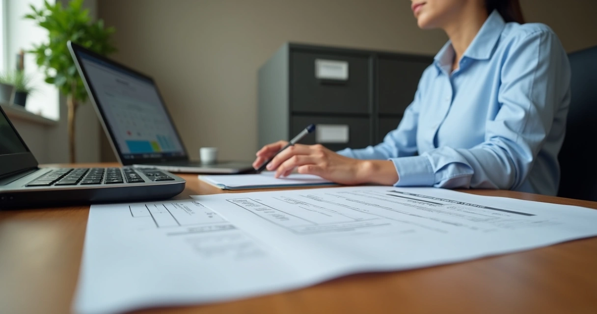 Profissional de departamento pessoal realizando homologação trabalhista com documentos e calculadora sobre mesa organizada 