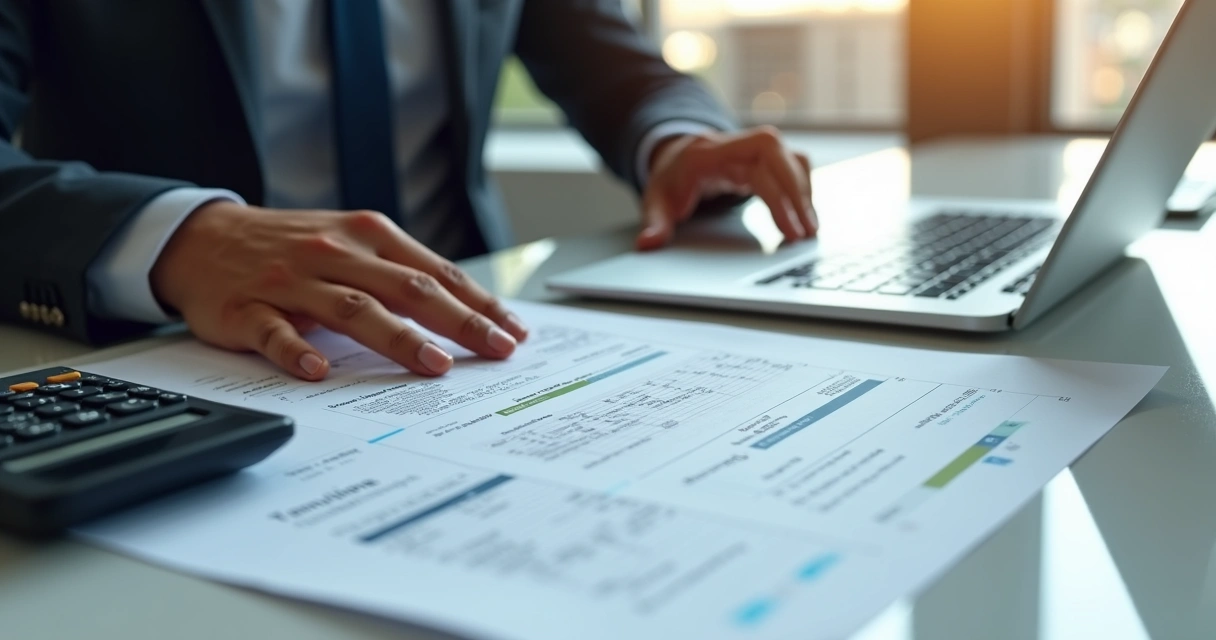 Profissional do departamento pessoal conferindo documentos para homologação trabalhista com calculadora e laptop sobre mesa de escritório organizada 